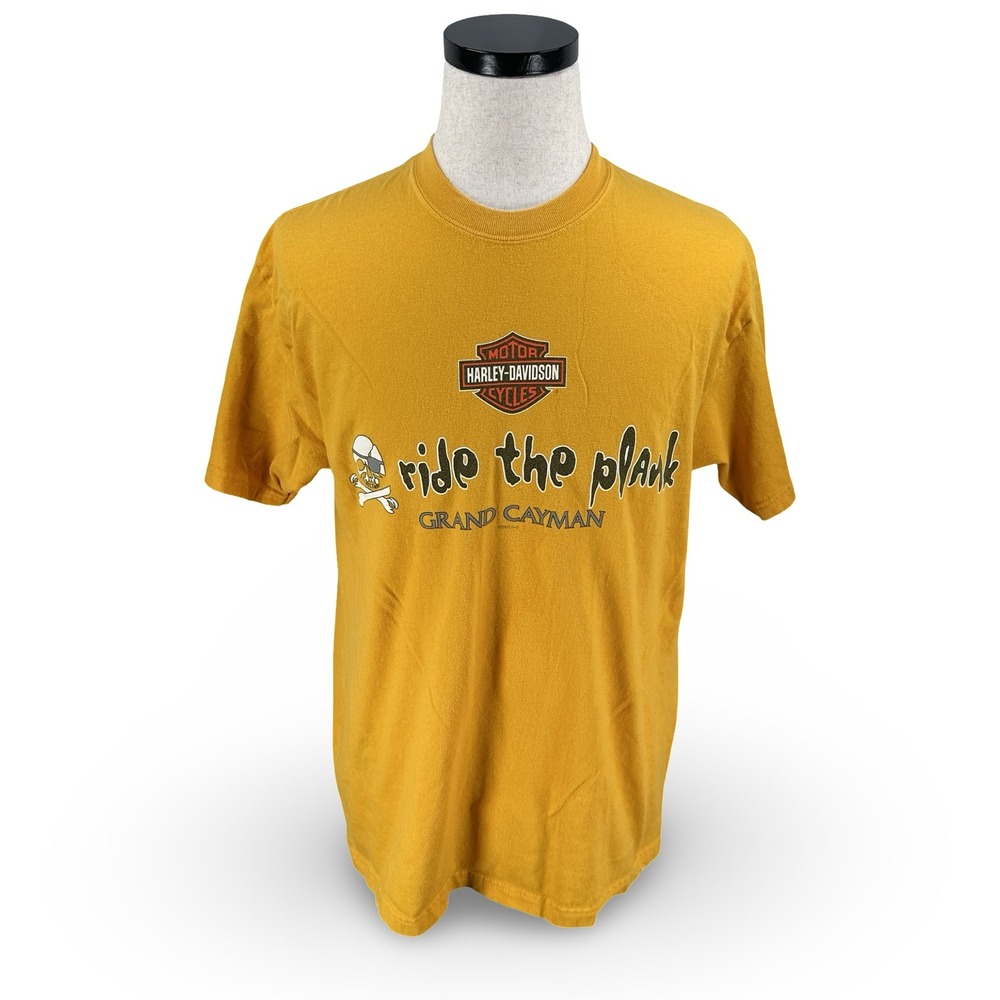 Vintage 2003 Harley-Davidson Grand Cayman Ride the Plank Pirate‎ Shirt Yellow L